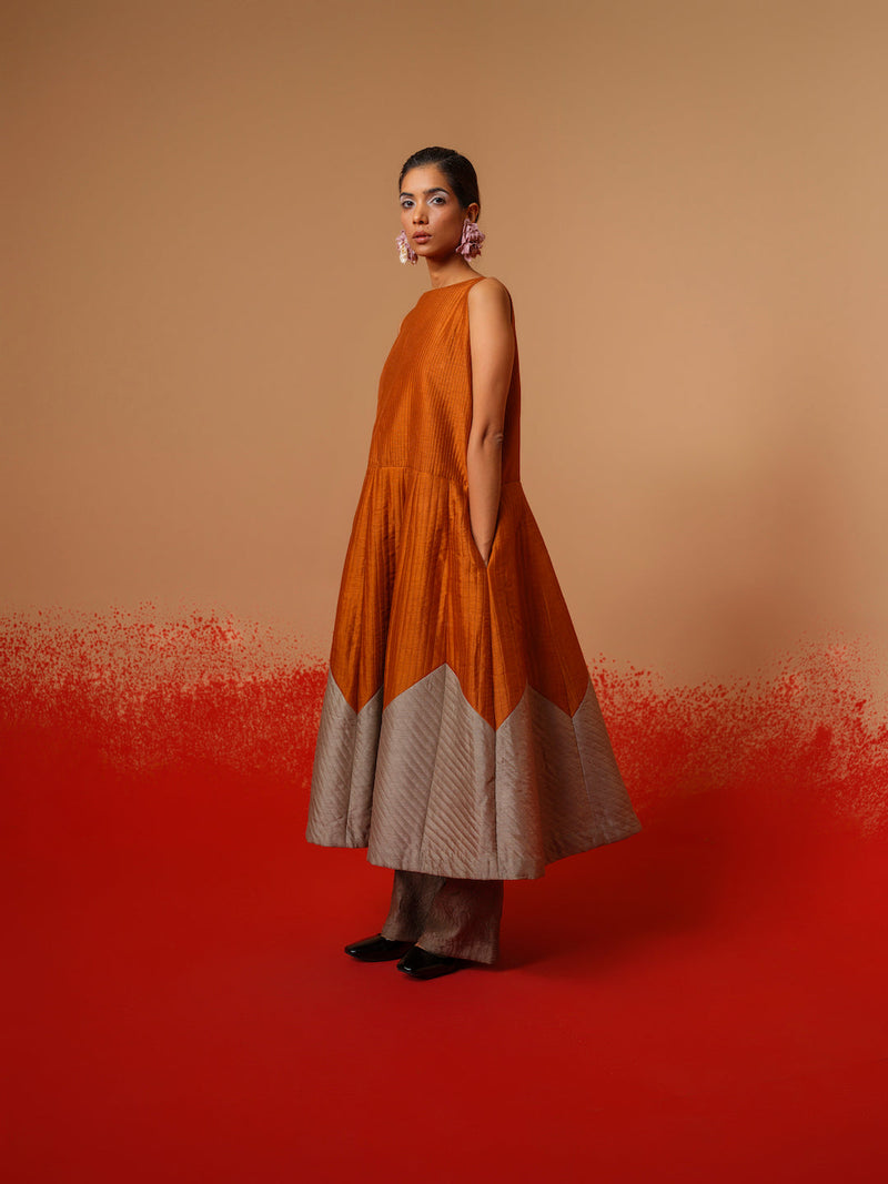 Eddy Dress-Rust Orange + Grey mysore silk dresses by Stoique in rust orange, grey for women Worldwide