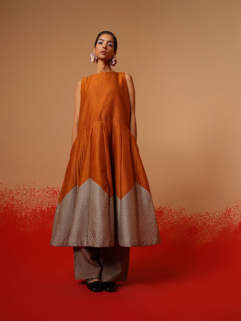 Eddy Dress-Rust Orange + Grey mysore silk dresses by Stoique in rust orange, grey for women Worldwide