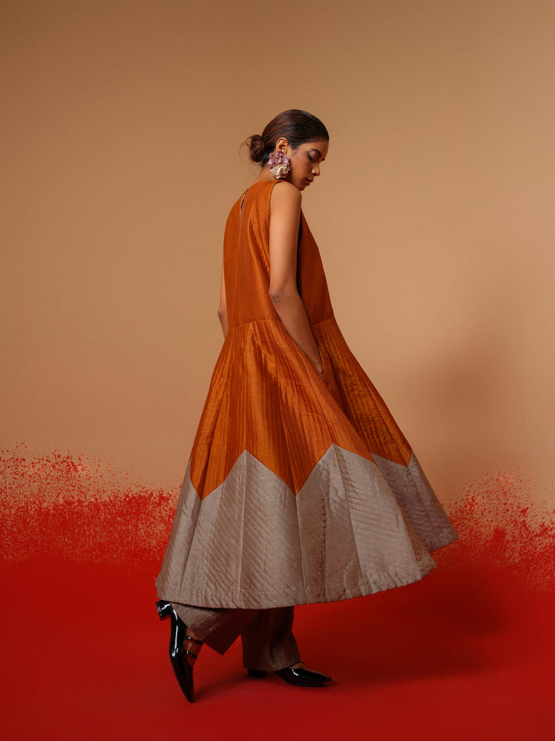 Eddy Dress-Rust Orange + Grey mysore silk dresses by Stoique in rust orange, grey for women Worldwide