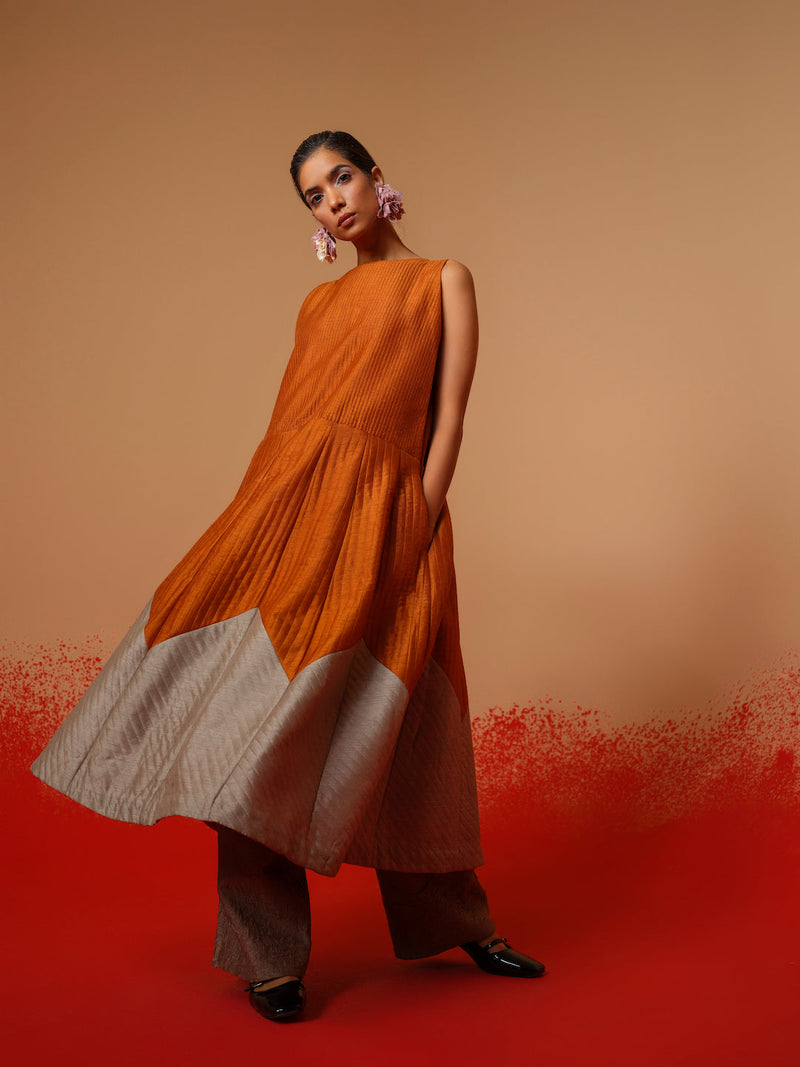 Eddy Dress-Rust Orange + Grey mysore silk dresses by Stoique in rust orange, grey for women Worldwide