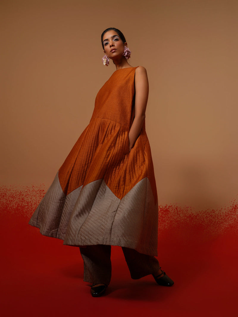 Eddy Dress-Rust Orange + Grey mysore silk dresses by Stoique in rust orange, grey for women Worldwide