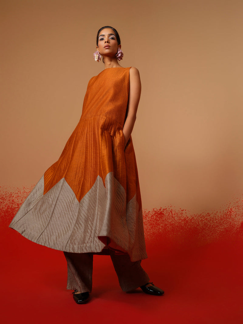 Eddy Dress-Rust Orange + Grey mysore silk dresses by Stoique in rust orange, grey for women Worldwide