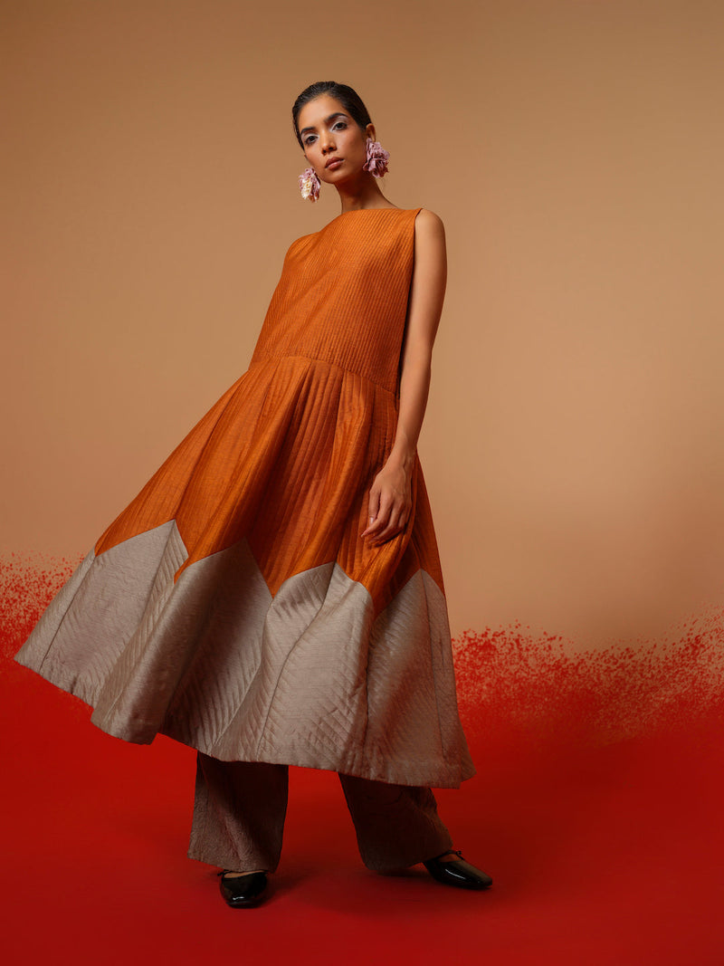 Eddy Dress-Rust Orange + Grey mysore silk dresses by Stoique in rust orange, grey for women Worldwide