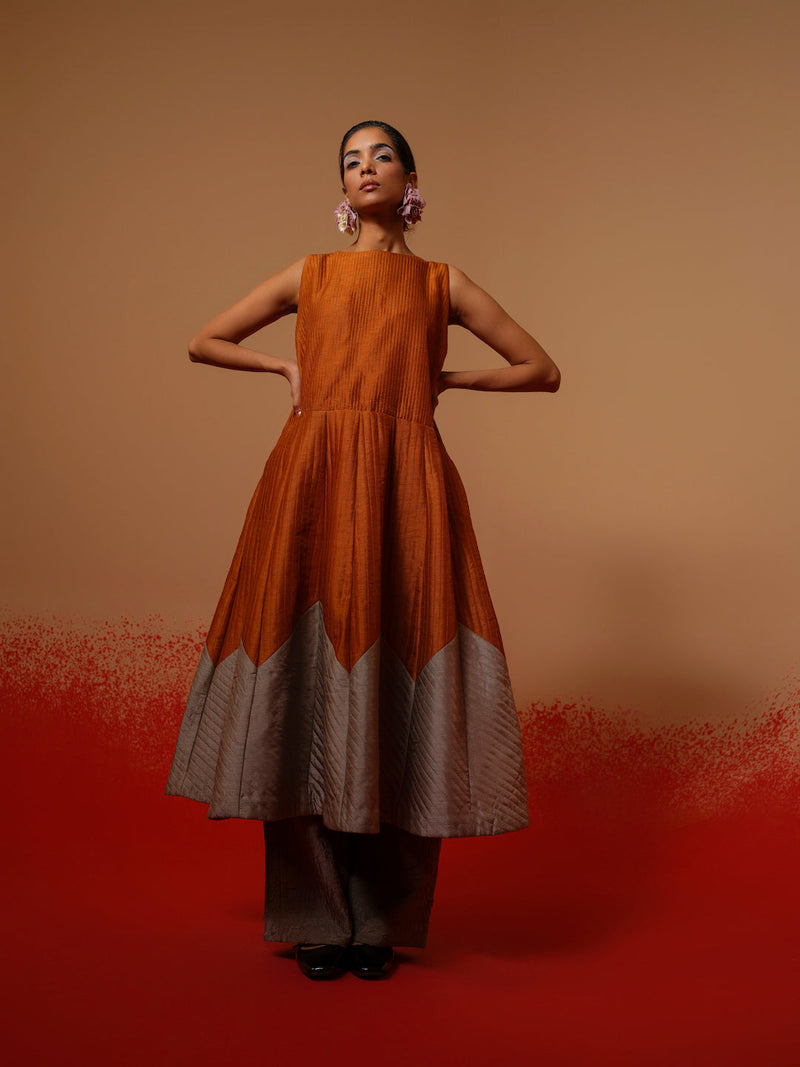 Eddy Dress-Rust Orange + Grey mysore silk dresses by Stoique in rust orange, grey for women Worldwide