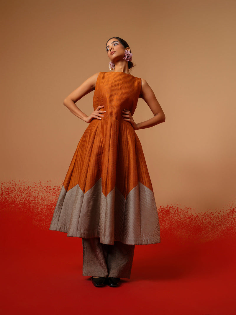 Eddy Dress-Rust Orange + Grey mysore silk dresses by Stoique in rust orange, grey for women Worldwide
