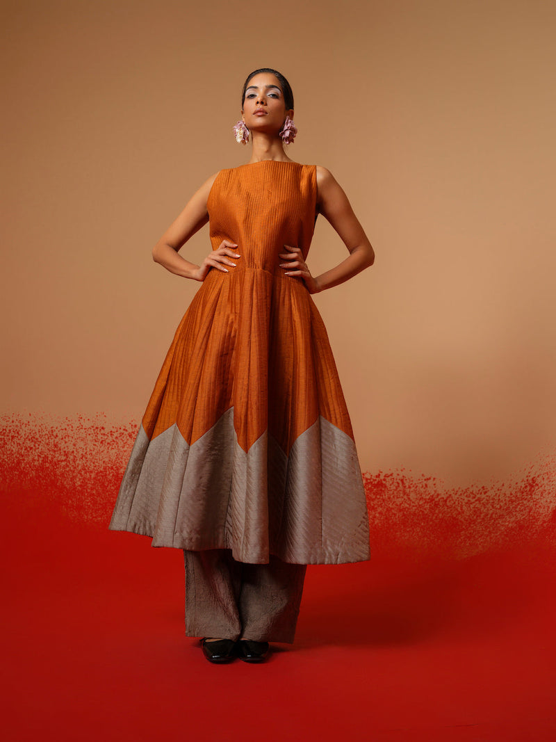 Eddy Dress-Rust Orange + Grey mysore silk dresses by Stoique in rust orange, grey for women Worldwide