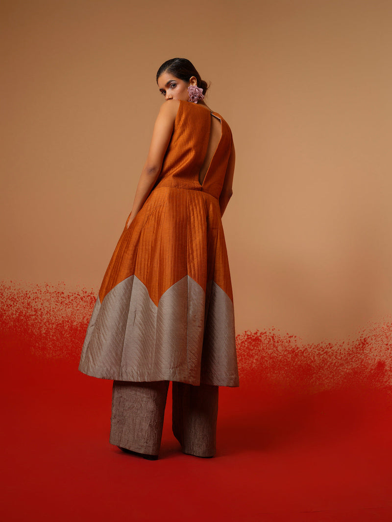 Eddy Dress-Rust Orange + Grey mysore silk dresses by Stoique in rust orange, grey for women Worldwide