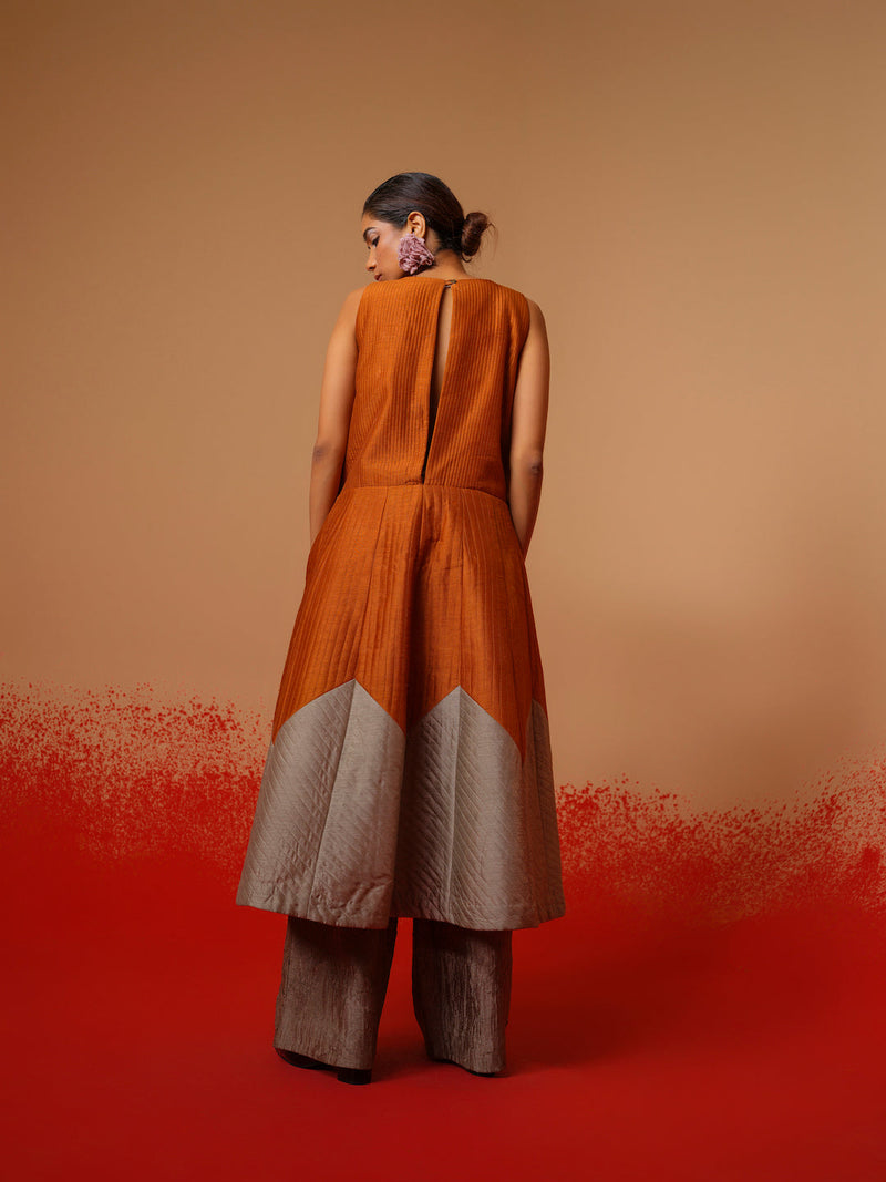 Eddy Dress-Rust Orange + Grey mysore silk dresses by Stoique in rust orange, grey for women Worldwide