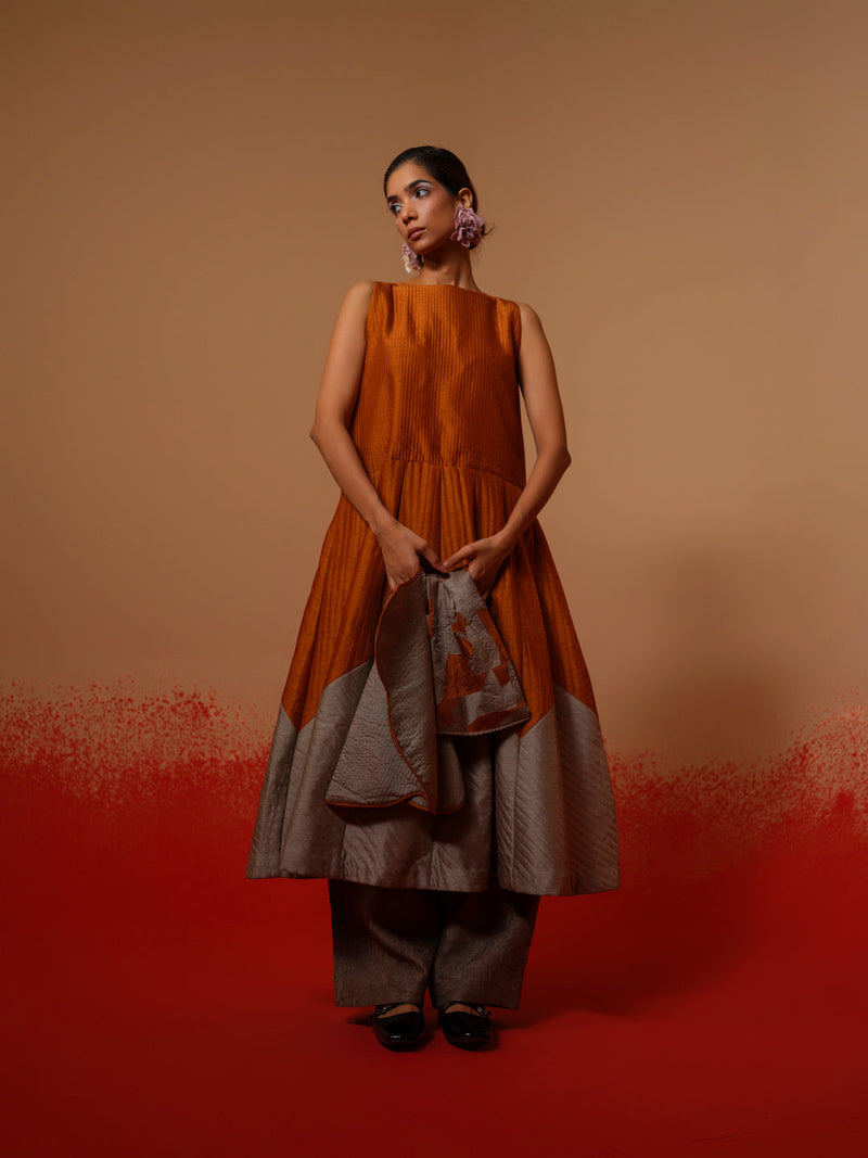 Eddy Dress-Rust Orange + Grey mysore silk dresses by Stoique in rust orange, grey for women Worldwide