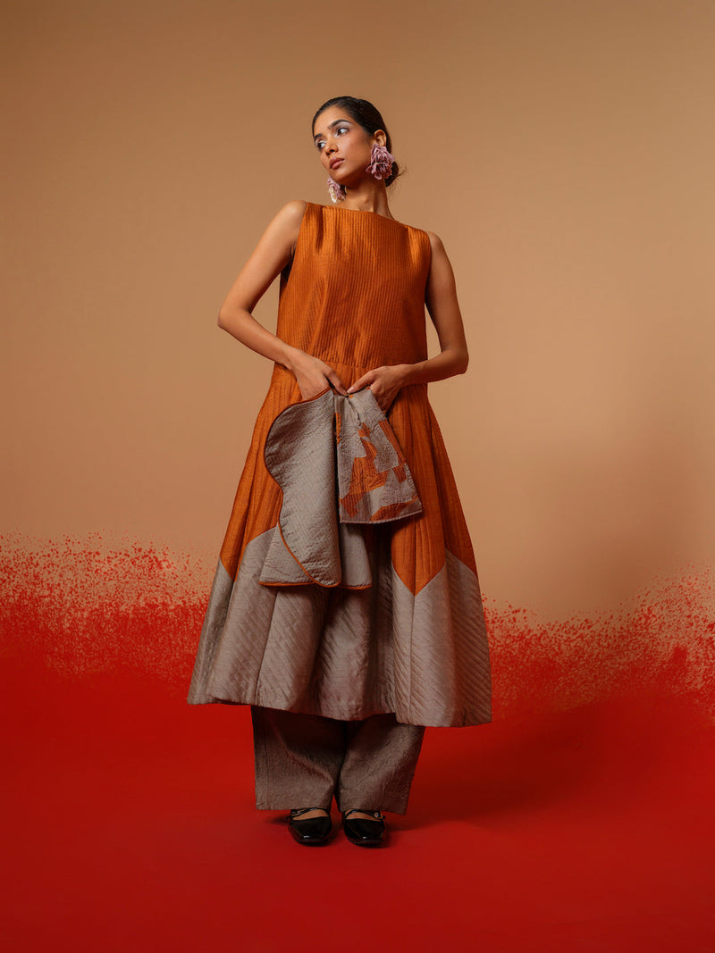Eddy Dress-Rust Orange + Grey mysore silk dresses by Stoique in rust orange, grey for women Worldwide