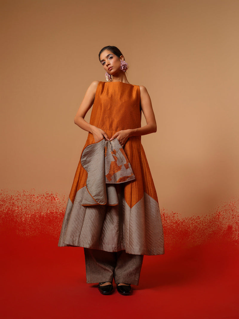 Eddy Dress-Rust Orange + Grey mysore silk dresses by Stoique in rust orange, grey for women Worldwide