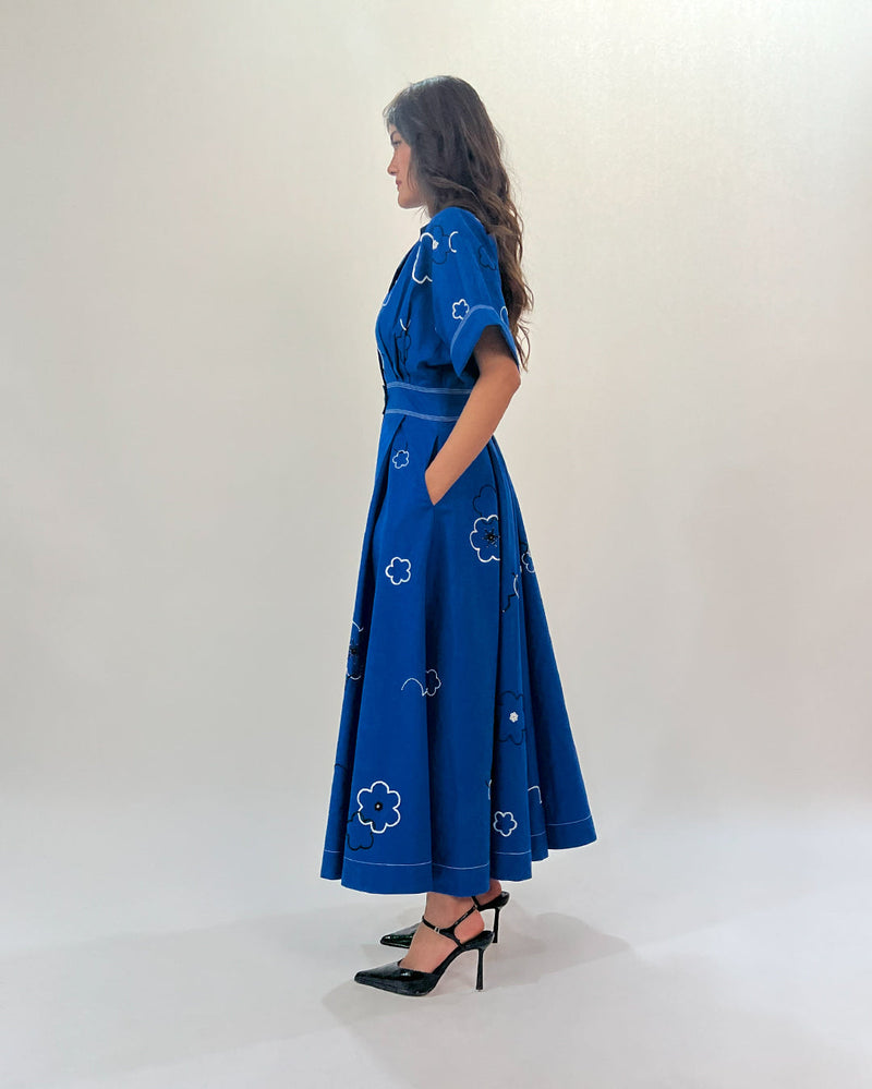 Ditsy Embroidered Sundress 100% cotton by Leh Studios in blue color for women Worldwide