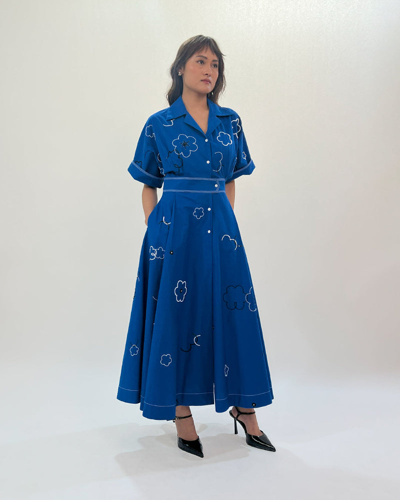Ditsy Embroidered Sundress 100% cotton by Leh Studios in blue color for women Worldwide