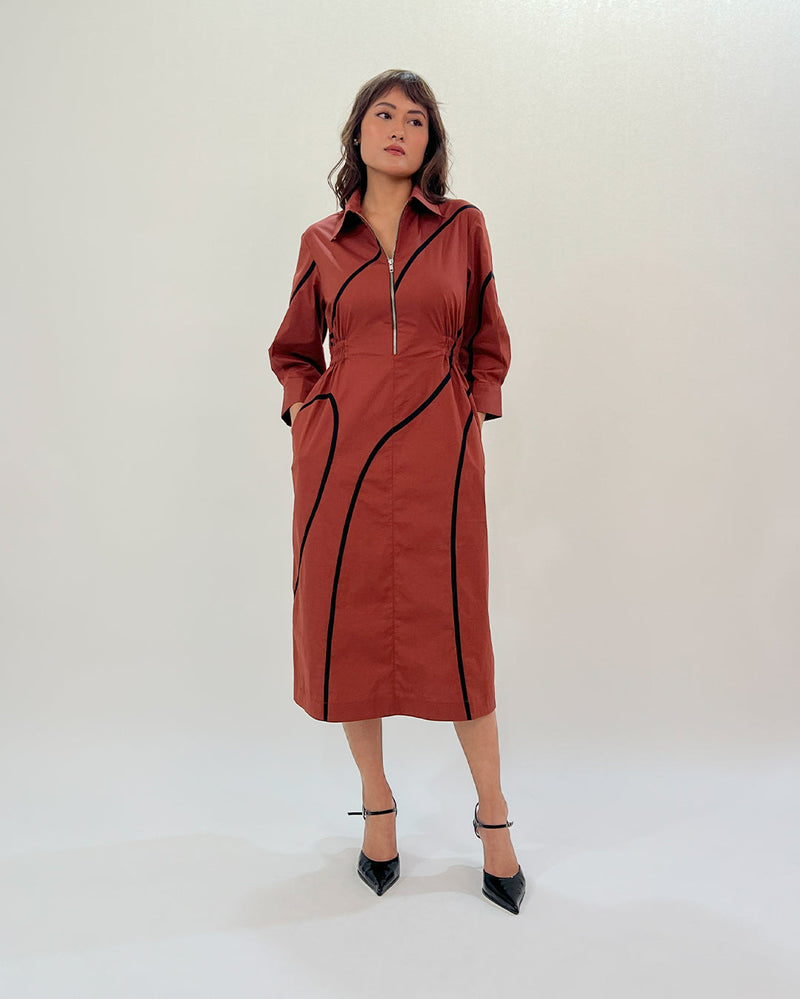 Yara tape dress-Brown & Black 100% cotton by Leh Studios in brown color for women Worldwide
