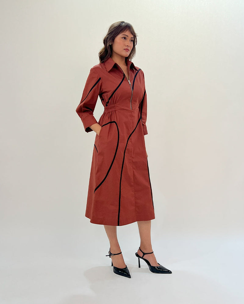 Yara tape dress-Brown & Black 100% cotton by Leh Studios in brown color for women Worldwide