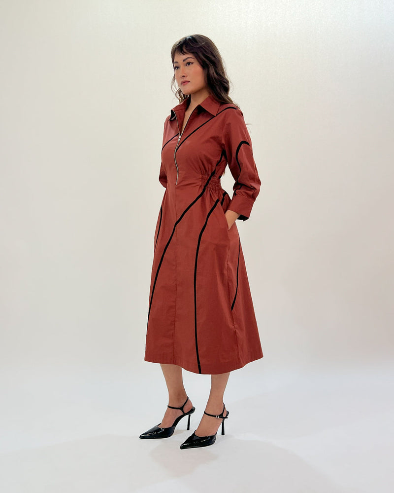 Yara tape dress-Brown & Black 100% cotton by Leh Studios in brown color for women Worldwide