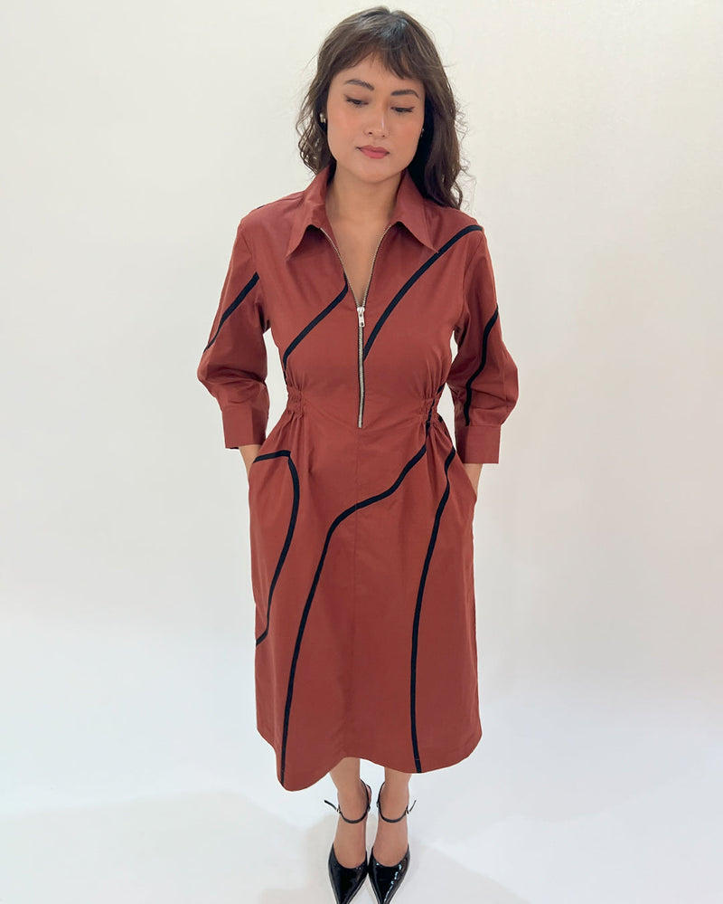 Yara tape dress-Brown & Black 100% cotton by Leh Studios in brown color for women Worldwide