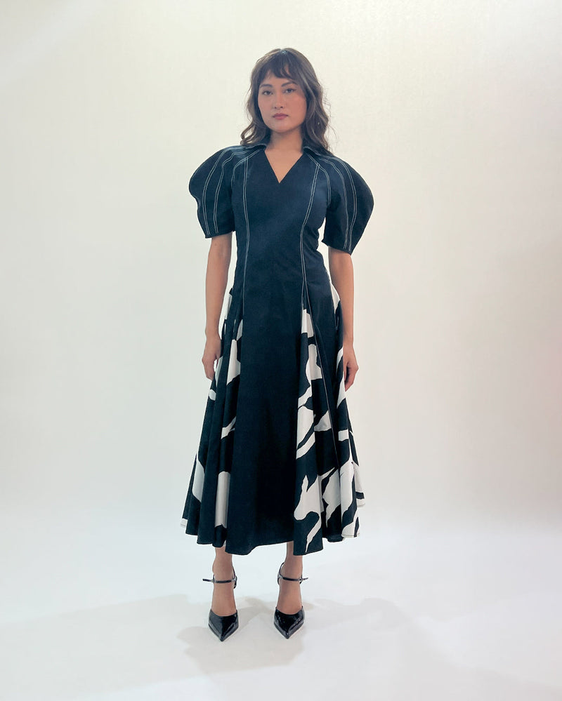 Stream Godet dress 100% cotton by Leh Studios in black color for women Worldwide