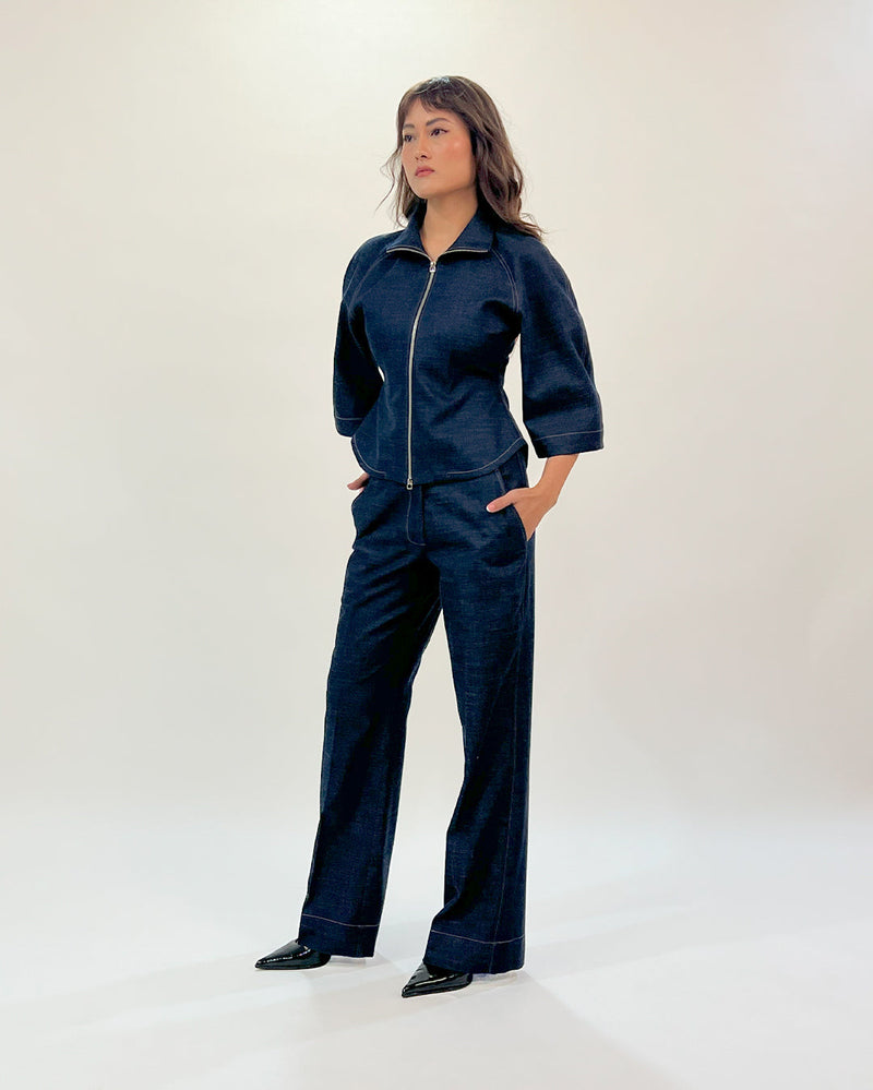 Denim Zip Top linen by Leh Studios in blue color for women Worldwide