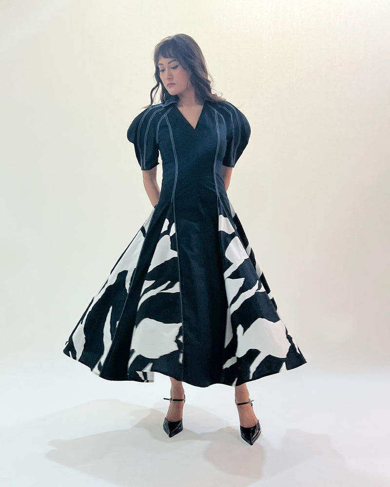 Stream Godet dress 100% cotton by Leh Studios in black color for women Worldwide