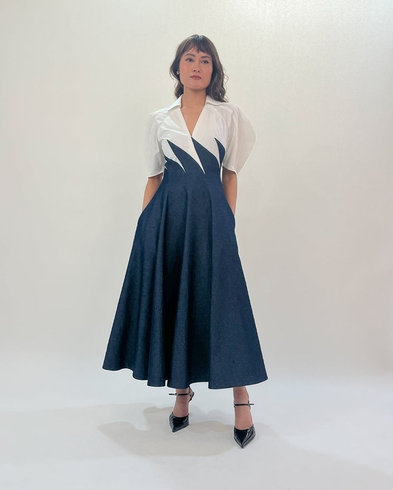 Yacht Dress-Blue & White 100% cotton by Leh Studios in multi color for women Worldwide