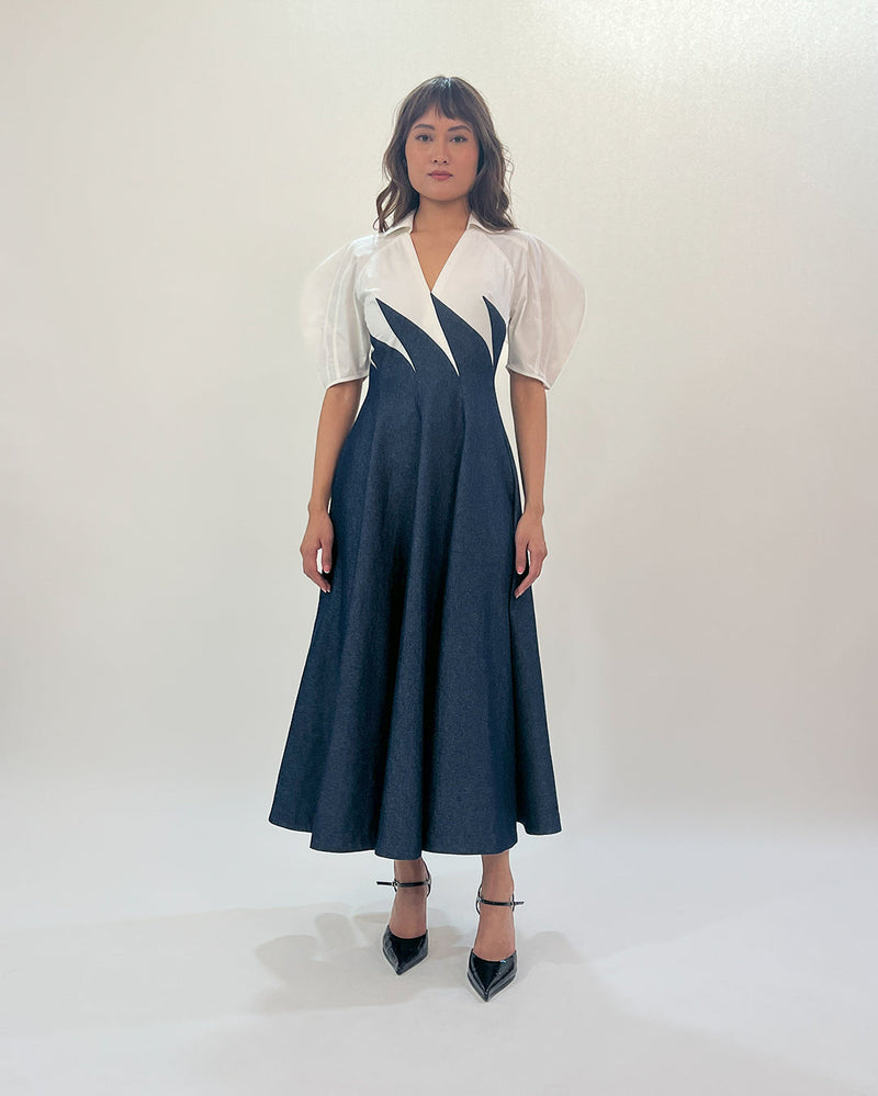 Yacht Dress-Blue & White 100% cotton by Leh Studios in multi color for women Worldwide