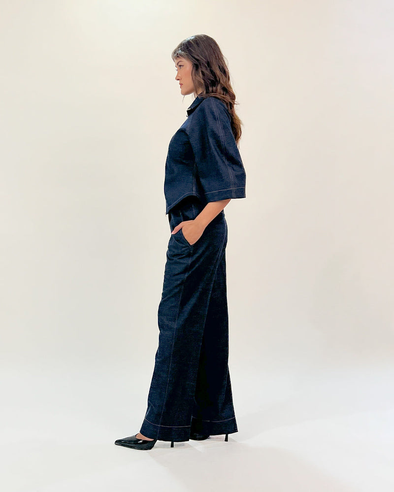 Denim Zip Top linen by Leh Studios in blue color for women Worldwide