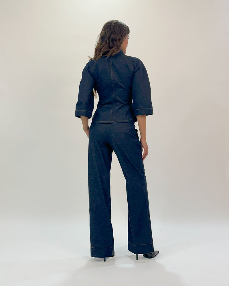 Denim Zip Top linen by Leh Studios in blue color for women Worldwide