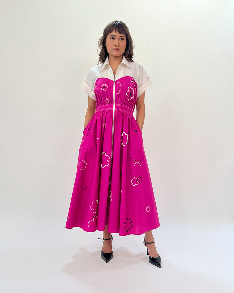 Ditsy Cup Zip Dress 100% cotton by Leh Studios in pink color for women Worldwide