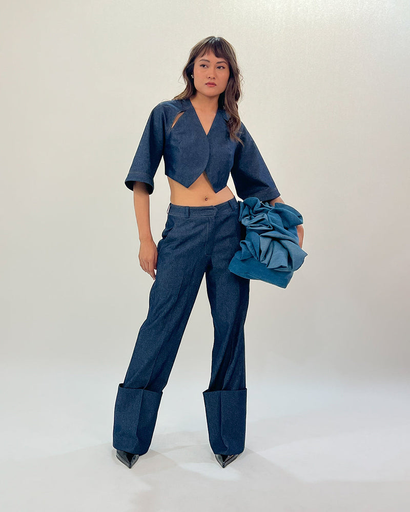 Folded hem pant by Leh Studios in blue color for women Worldwide
