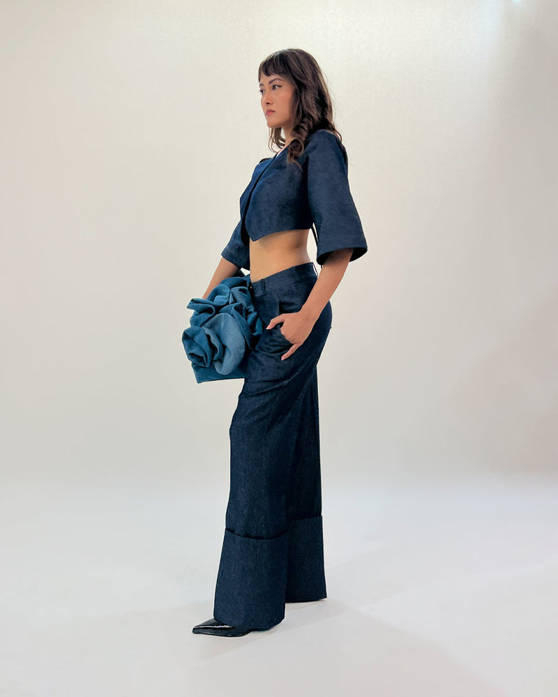 Back straped top linen by Leh Studios in blue color for women Worldwide