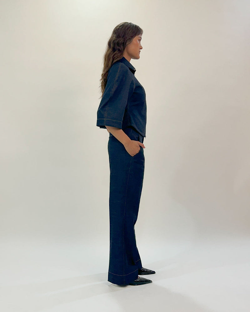Flared denim pants 100% cotton by Leh Studios in blue color for women Worldwide