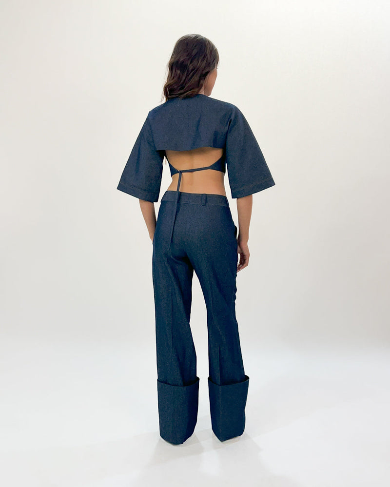 Back straped top linen by Leh Studios in blue color for women Worldwide