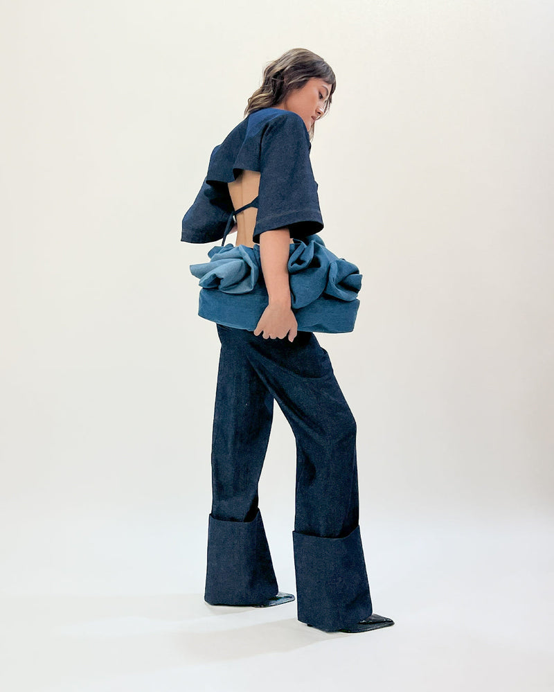 Back straped top linen by Leh Studios in blue color for women Worldwide