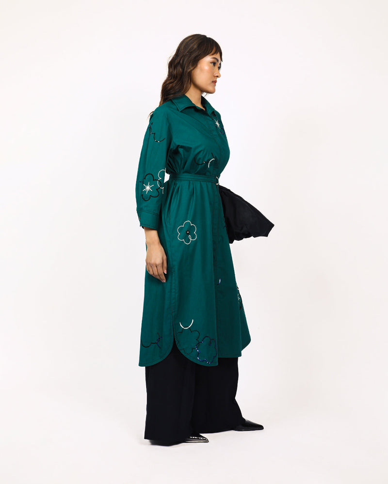 Ditsy embroidered fence shirt 100% cotton by Leh Studios in green color for women Worldwide