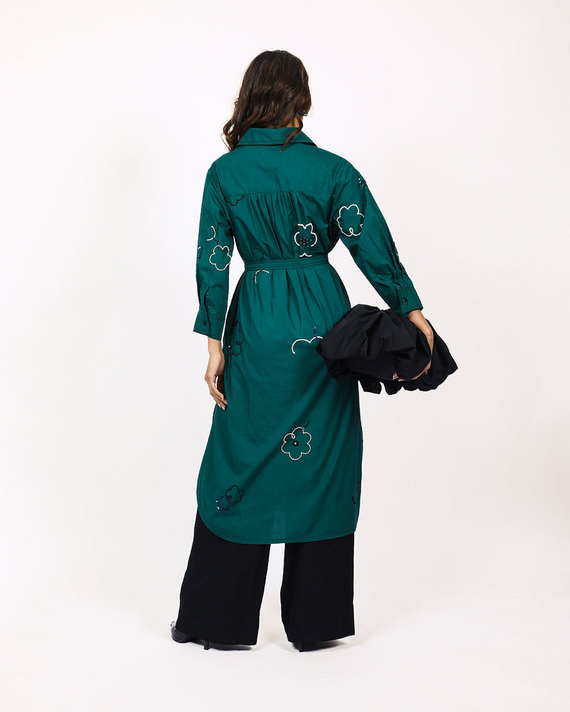 Ditsy embroidered fence shirt 100% cotton by Leh Studios in green color for women Worldwide