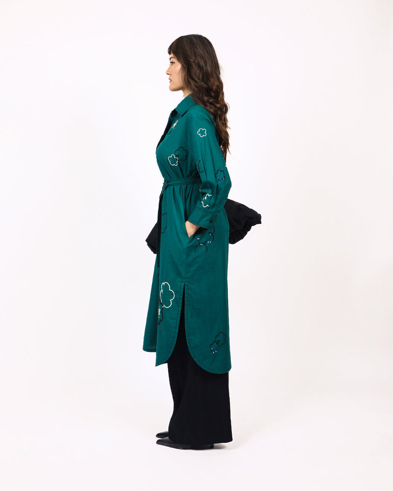 Ditsy embroidered fence shirt 100% cotton by Leh Studios in green color for women Worldwide