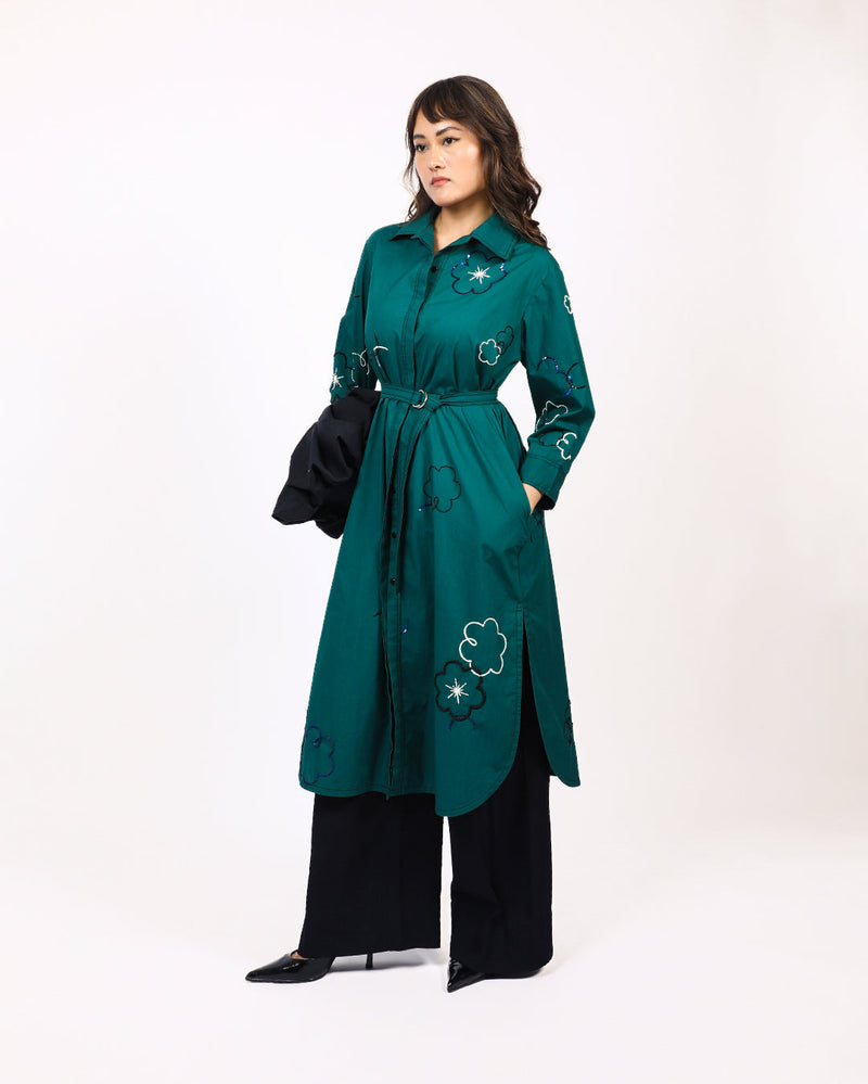 Ditsy embroidered fence shirt 100% cotton by Leh Studios in green color for women Worldwide