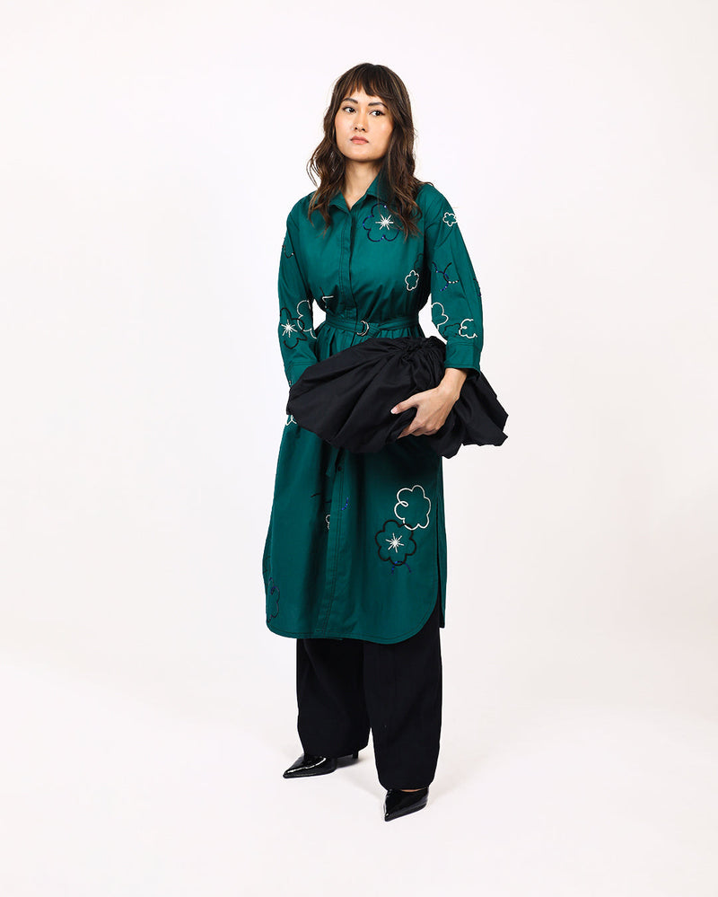 Ditsy embroidered fence shirt 100% cotton by Leh Studios in green color for women Worldwide