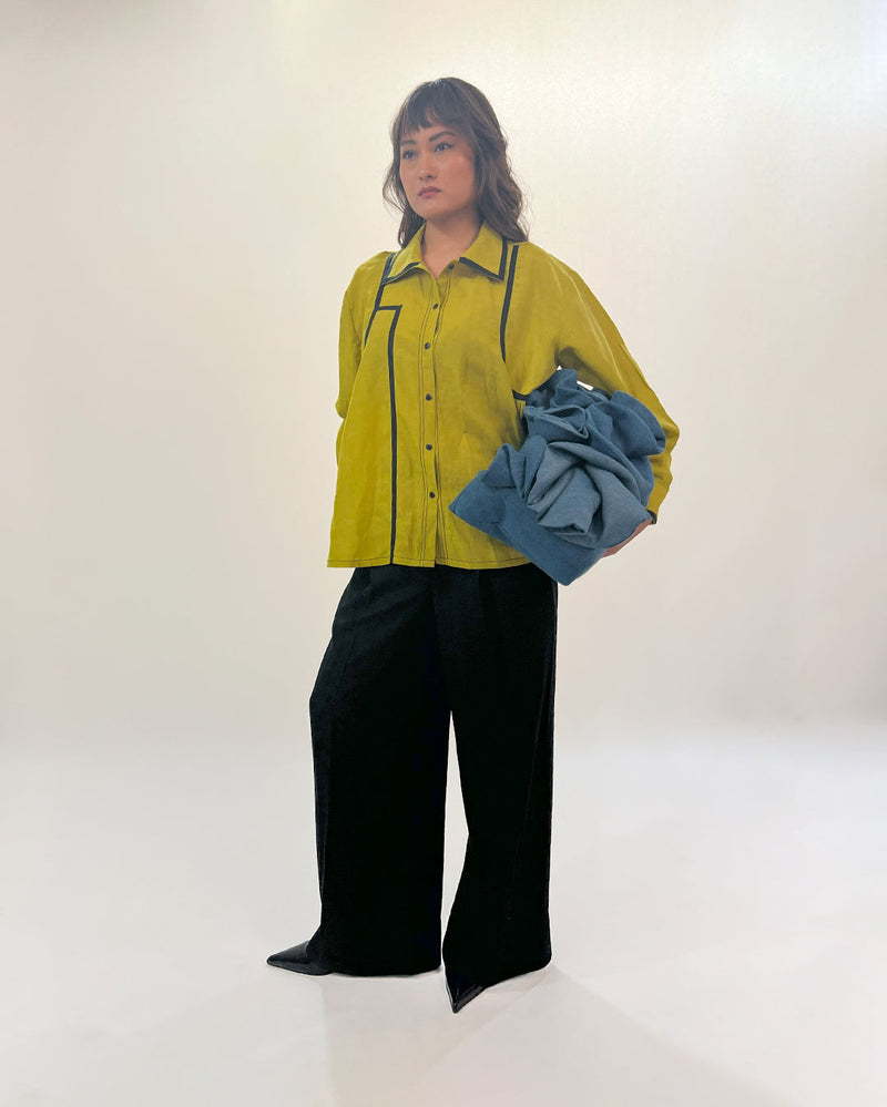 Line shirt 100% cotton by Leh Studios in green color for women Worldwide