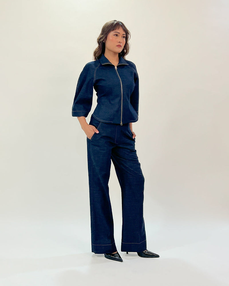 Denim Zip Top linen by Leh Studios in blue color for women Worldwide