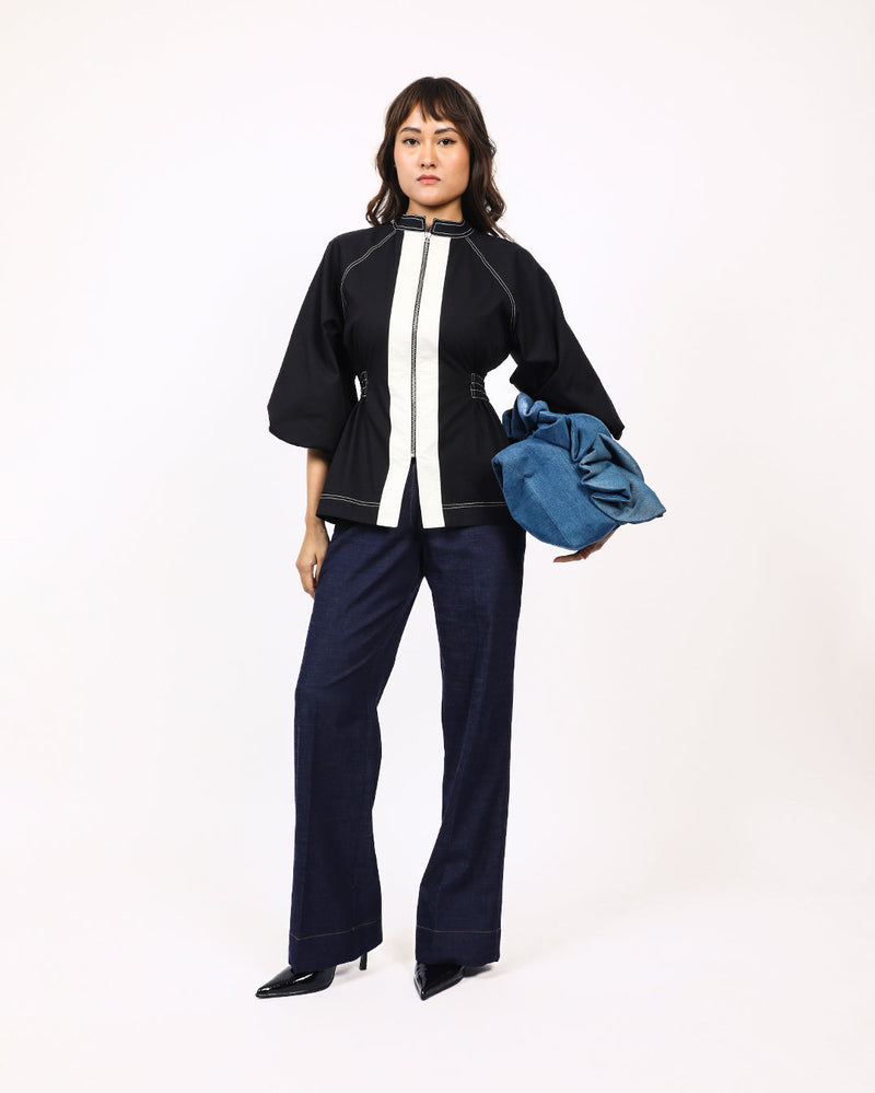 Lana Top-Black & Off White 100% cotton by Leh Studios in black color for women Worldwide