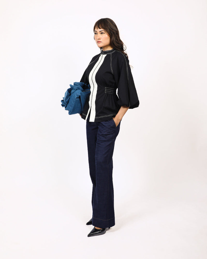 Lana Top-Black & Off White 100% cotton by Leh Studios in black color for women Worldwide