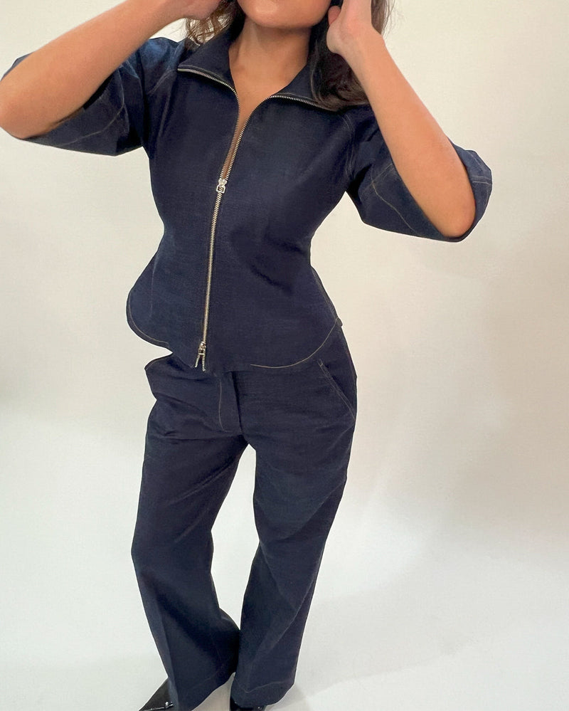 Denim Zip Top linen by Leh Studios in blue color for women Worldwide
