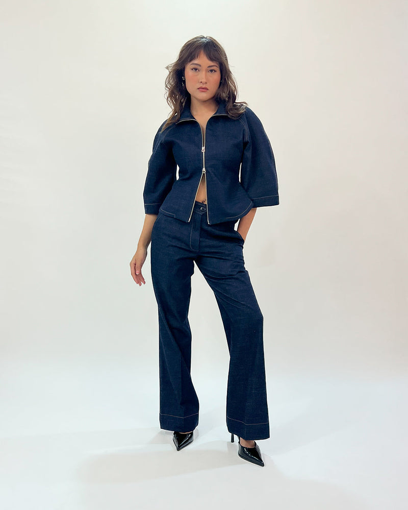 Denim Zip Top linen by Leh Studios in blue color for women Worldwide