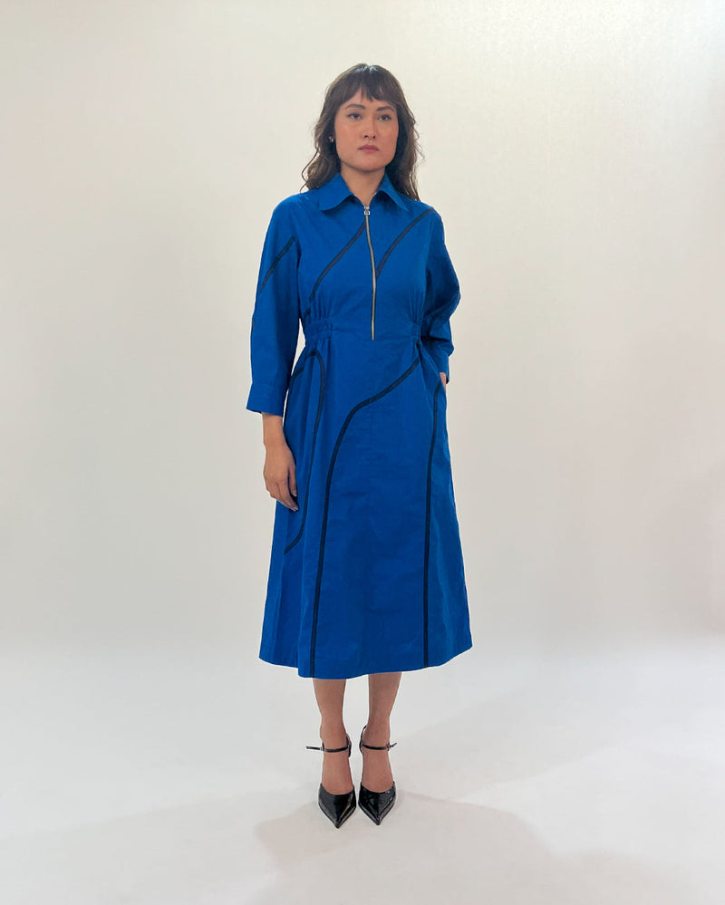 Yara tape dress-E.blue & Navy 100% cotton by Leh Studios in navy color for women Worldwide