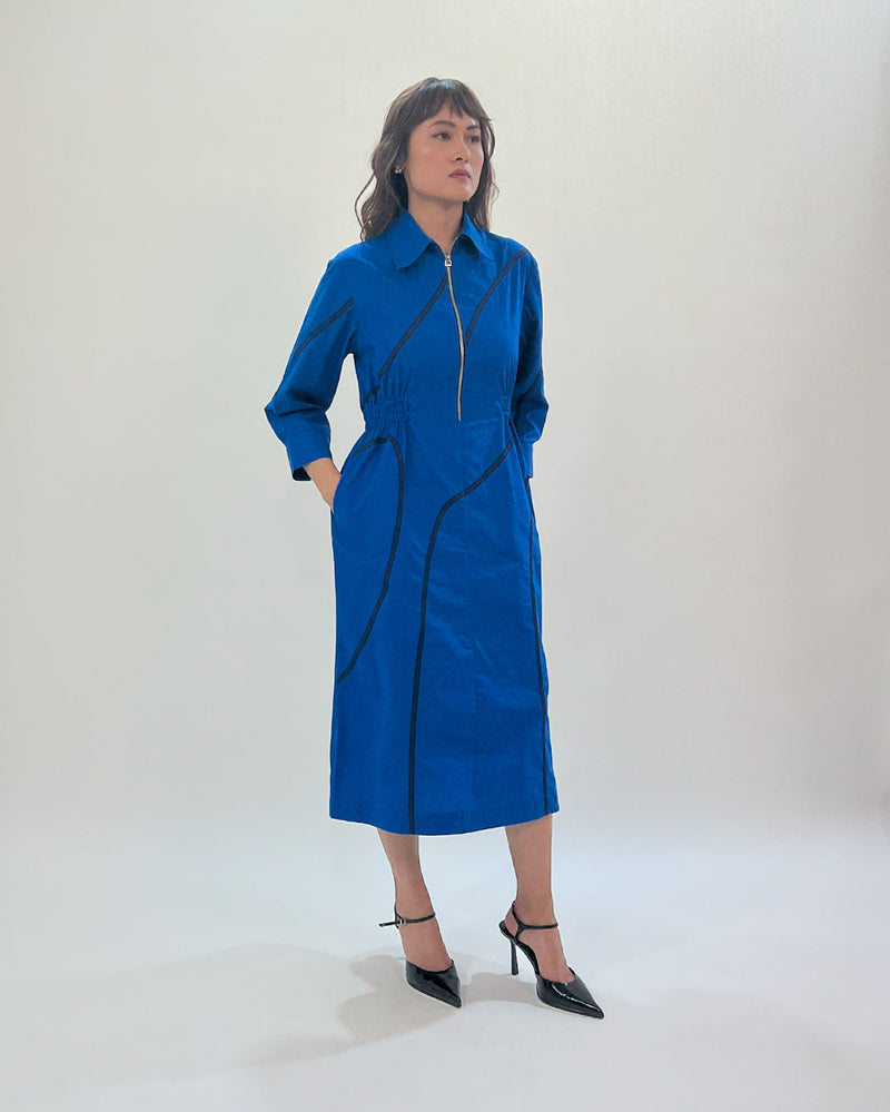 Yara tape dress-E.blue & Navy 100% cotton by Leh Studios in navy color for women Worldwide