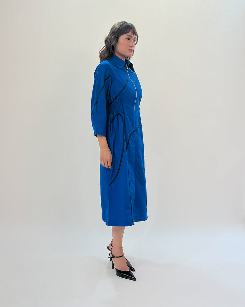 Yara tape dress-E.blue & Navy 100% cotton by Leh Studios in navy color for women Worldwide