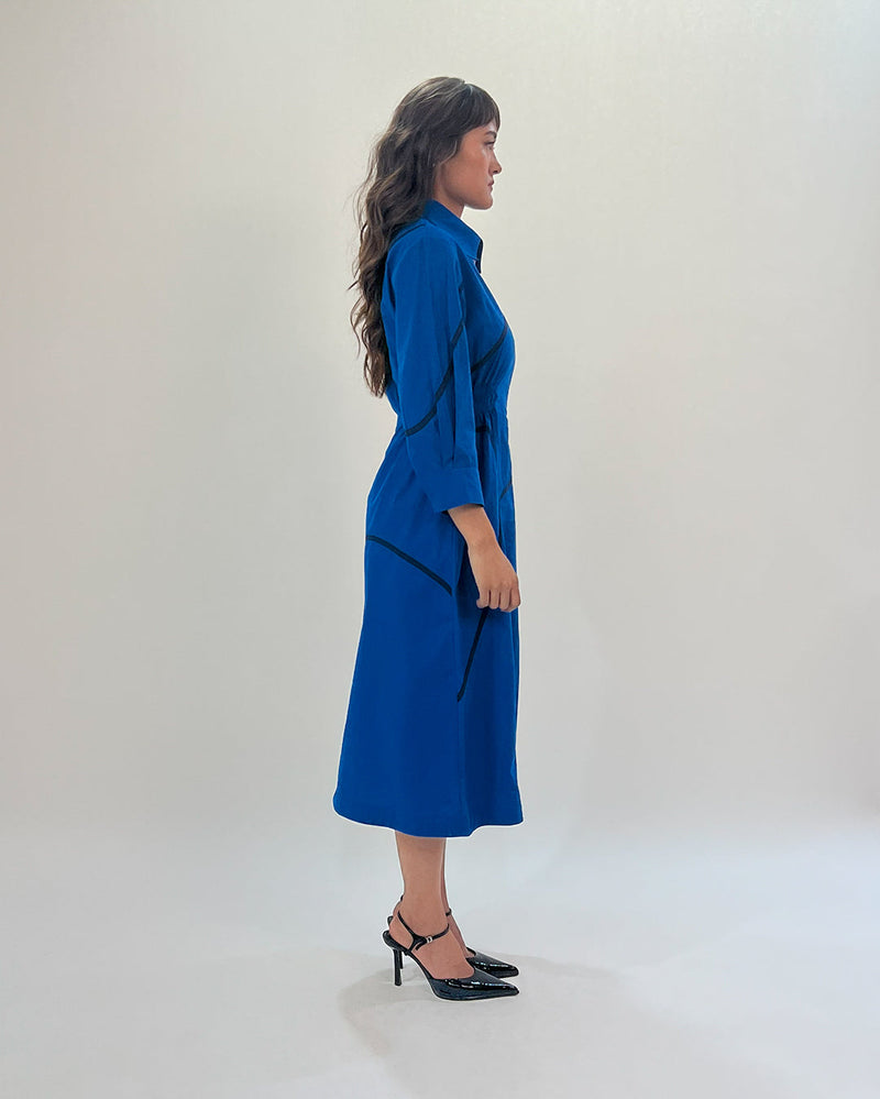 Yara tape dress-E.blue & Navy 100% cotton by Leh Studios in navy color for women Worldwide