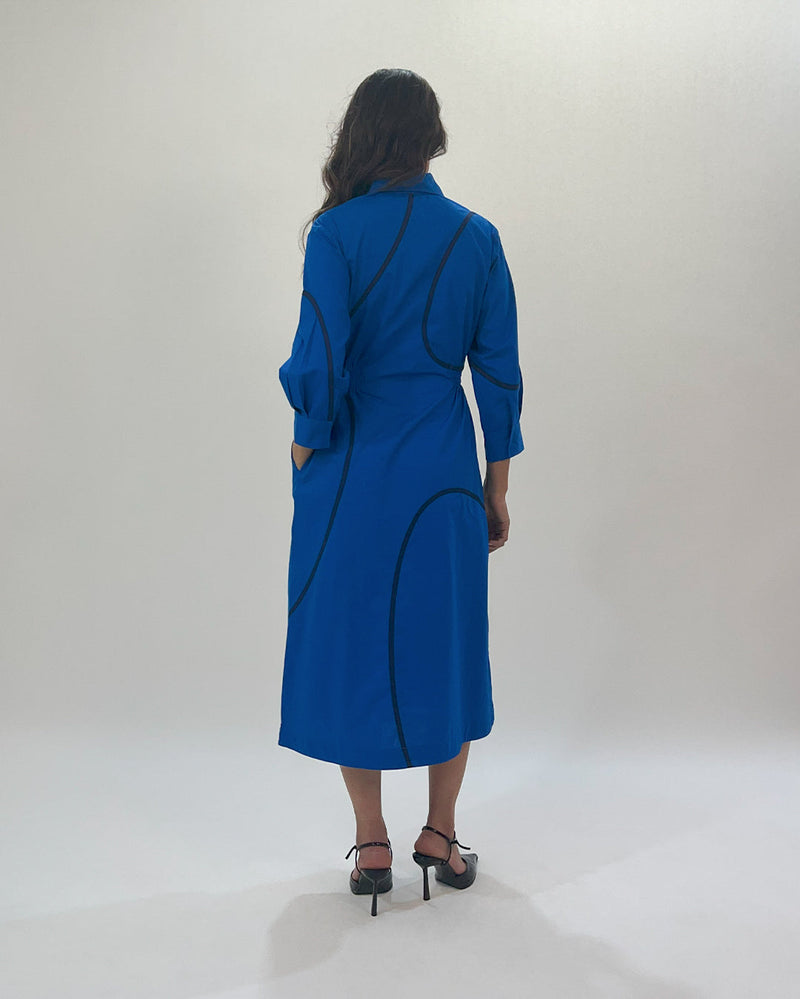 Yara tape dress-E.blue & Navy 100% cotton by Leh Studios in navy color for women Worldwide
